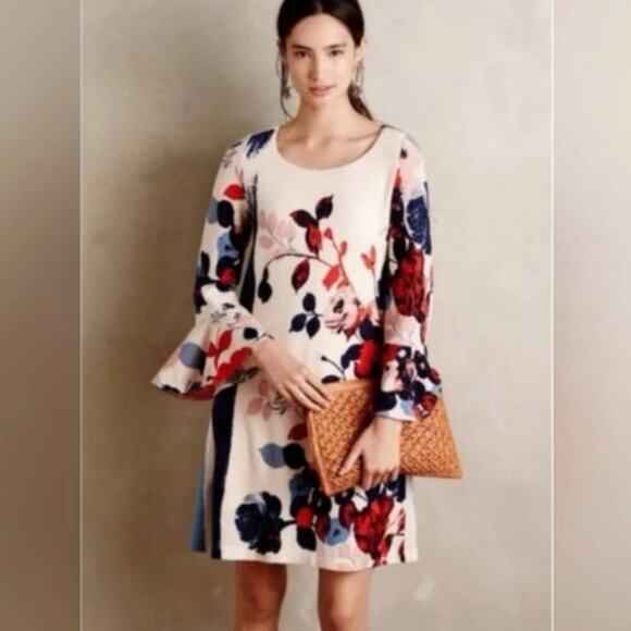 Anthropologie Dresses & Skirts - Maeve Anthropologie Knit Floral Bell Sleeve Swing Dress Large Multicolor